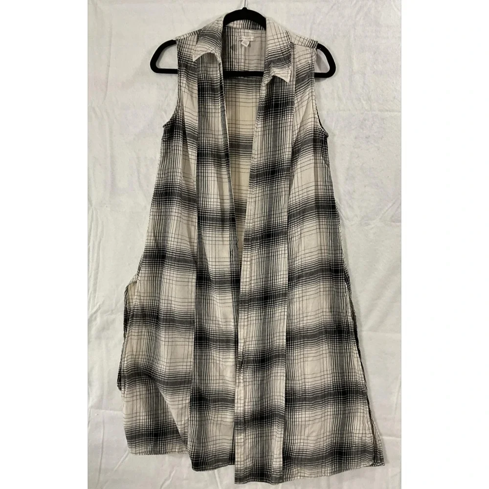 Cato Vest Womens Large White Black Plaid Long Open Front Kimono Sleeveless